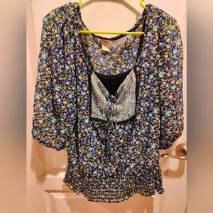 Blue Floral Print and Black Puff Sleeve Peplum Babydoll Cropped Shirt